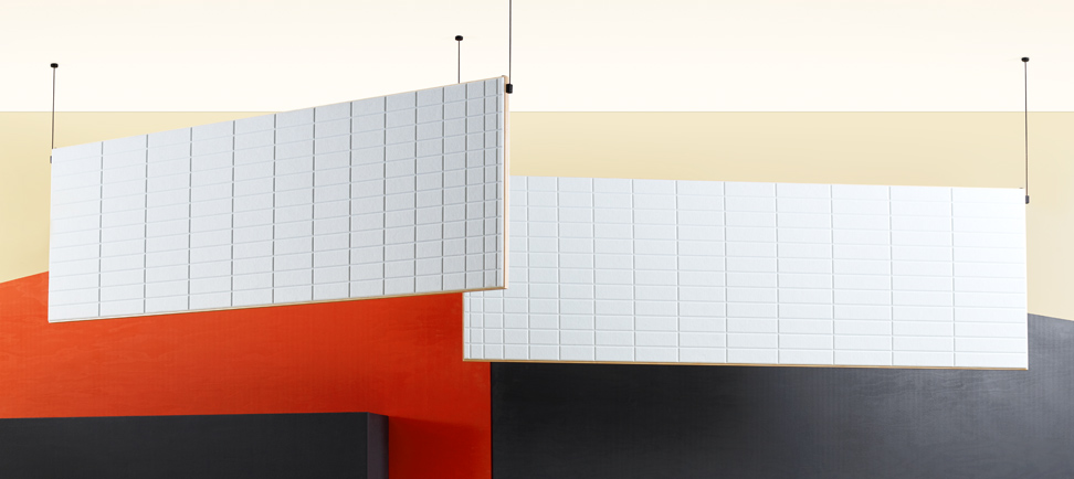 Divy System 3form Divy Ceiling Baffle Product Shot In Zinc Sola Felt Accord Pattern With Black Oxide Hardware
